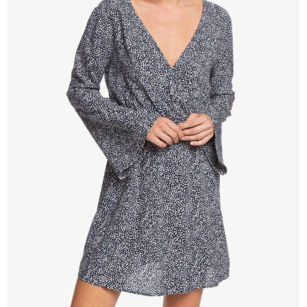 NWT Roxy Blind Dreams Dress Long Flare Sleeve Poka dot V Neck Size Medium